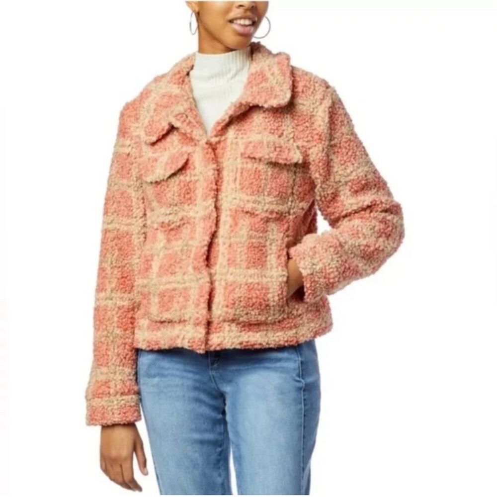 New! Democracy Plaid Sherpa Cropped Jacket, Dusty Coral